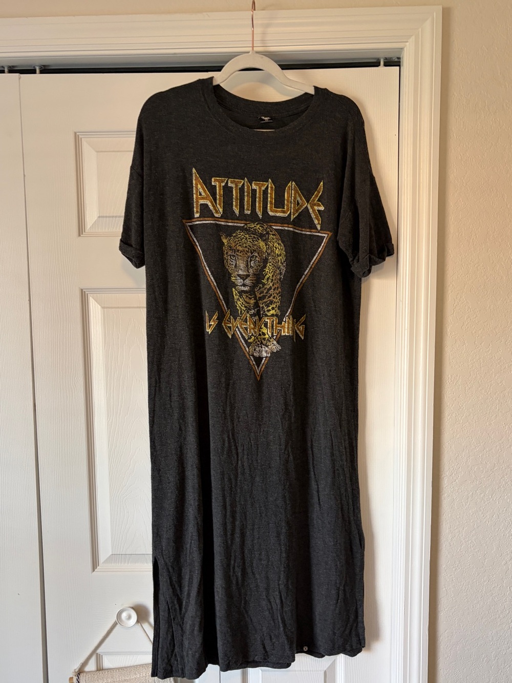 Graphic Leopard Tee Dress in Charcoal with Gold Print